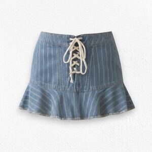 Y2K Free People Lace Up Denim Mini Skirt Pinstripe Flounce Hem Blue Size 4